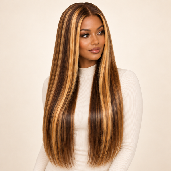 26-inch straight synthetic wig, medium brown with honey-blonde face-framing highlights, dark-skinned Black woman three-quarter view, AI-generated visualization.