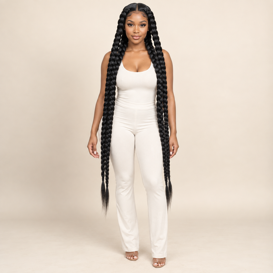 Four-Strand Braided Lace Wig – 1B natural black, human model primary front view, AI-generated visualization