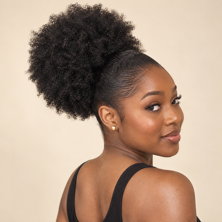 AI-generated visualization of the 1B Kinky Curly Afro Puff Ponytail Bun installed on an adult model.