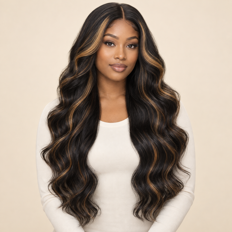 Golden Big Wave Long Synthetic Lace Wig – 1style black with gold highlights, front primary, AI-generated visualization