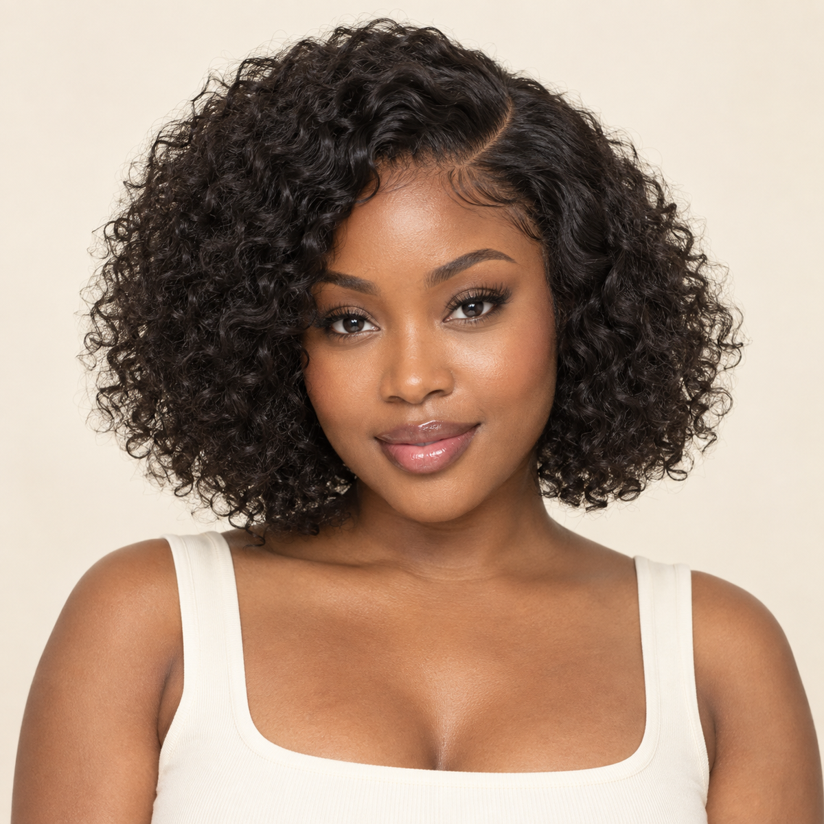 Natural-black jerry curly human-hair lace-front wig, 8-inch view, AI-generated visualization