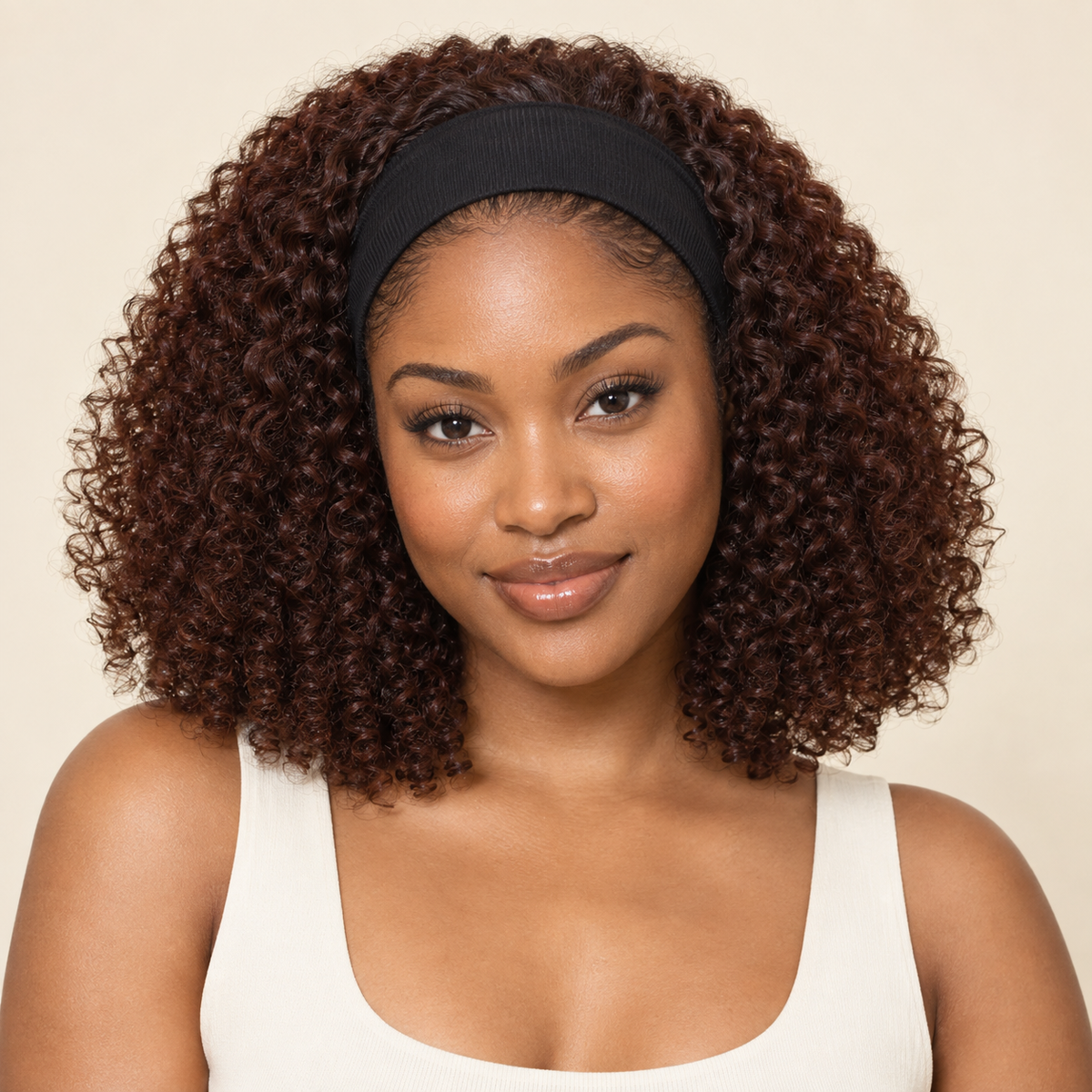 Jerry curly human-hair headband wig, 8-inch front view, AI-generated visualization