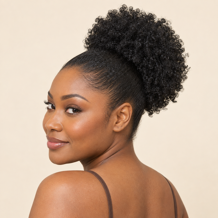 AI-generated visualization of the Black Kinky Curly Afro Puff Bun installed on an adult model.