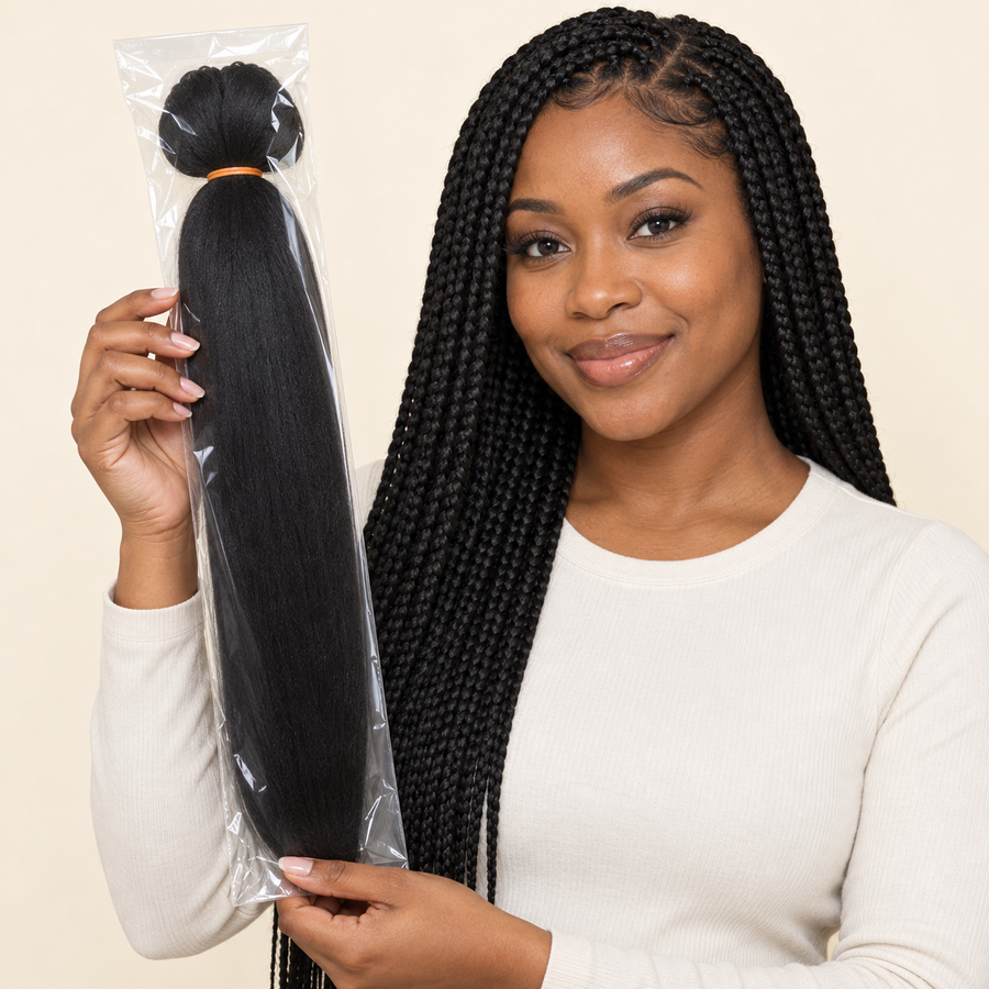 AI-generated visualization of the Black Jumbo Synthetic Braiding Hair 165g pack with a model wearing a related braid style.