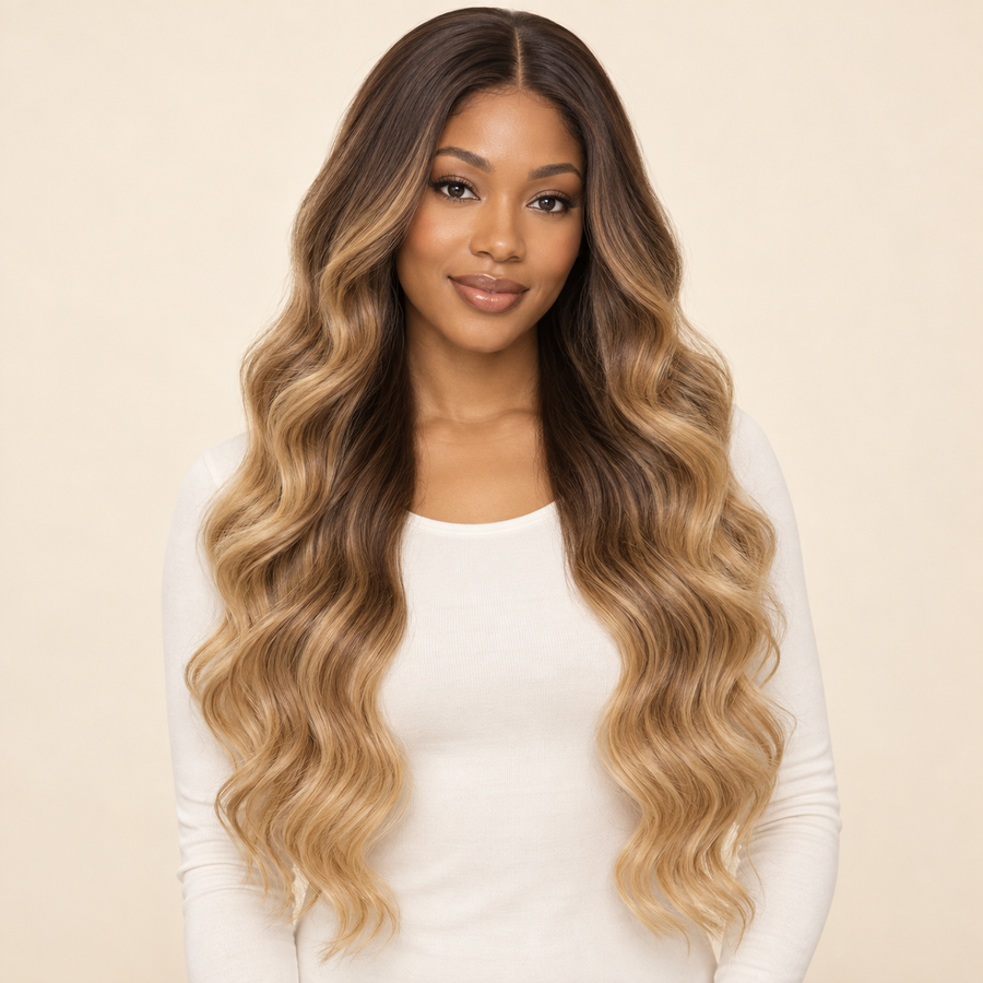 Golden Ombre Long Wavy Synthetic Wig – Gold, 26 inch, front primary, AI-generated visualization