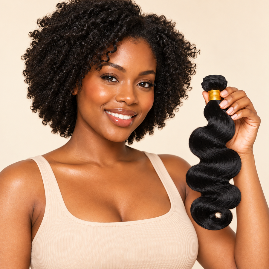 Body Wave Human Hair Bundles, Black, adult Black model holding one 8-inch bundle, front view, AI-generated visualization