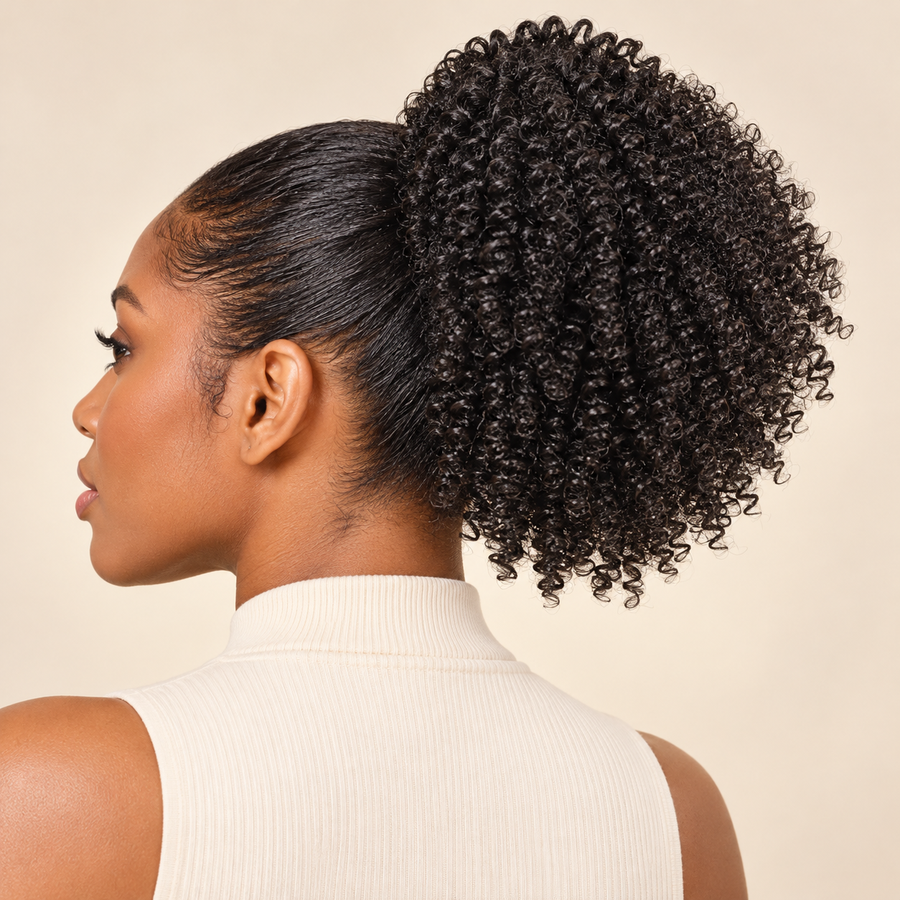 AI-generated visualization: Q14 1B natural-black short curly ponytail puff attached to an adult Black woman, side profile.
