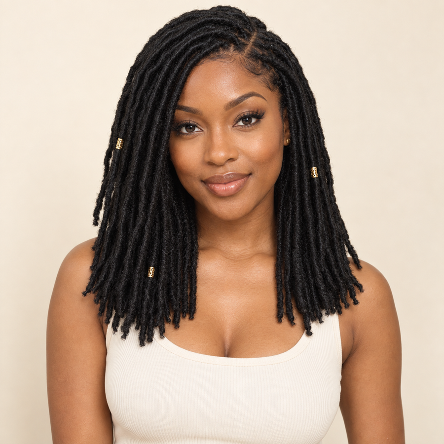 Faux Locs Crochet Braiding Hair — Jet Black 1, 18 inch installed view, AI-generated visualization