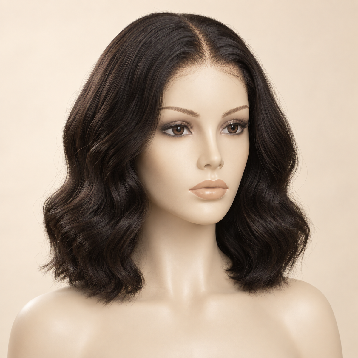 Body Wave lace-closure human-hair wig, natural color, 12 inch, mannequin primary view, AI-generated visualization.