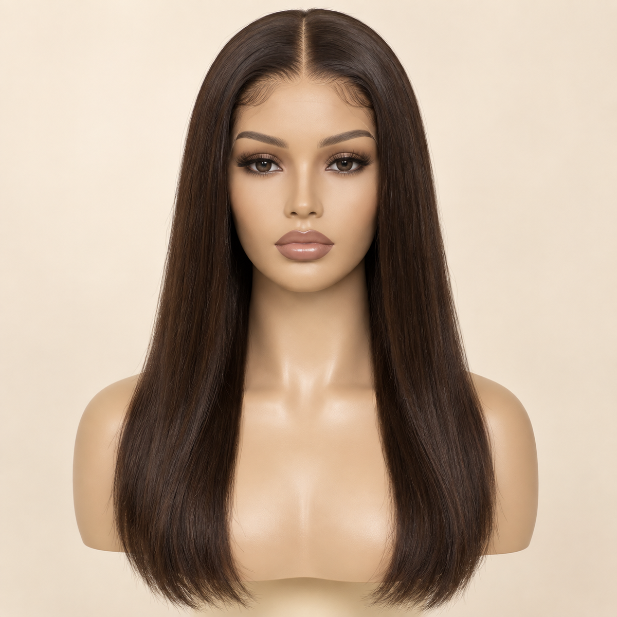 Chocolate Brown Straight 13x4 Lace Front Human Hair Wig, 18 inch, mannequin primary view, AI-generated visualization