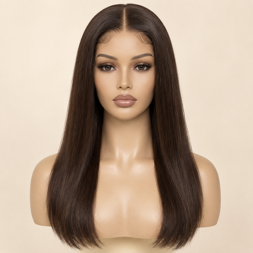 Chocolate Brown Straight 13x4 Lace Front Human Hair Wig, 18 inch, mannequin primary view, AI-generated visualization