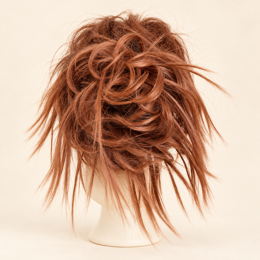 AI-generated warm-studio primary of the 1style synthetic messy bun hair scrunchie in auburn, matching supplier reference