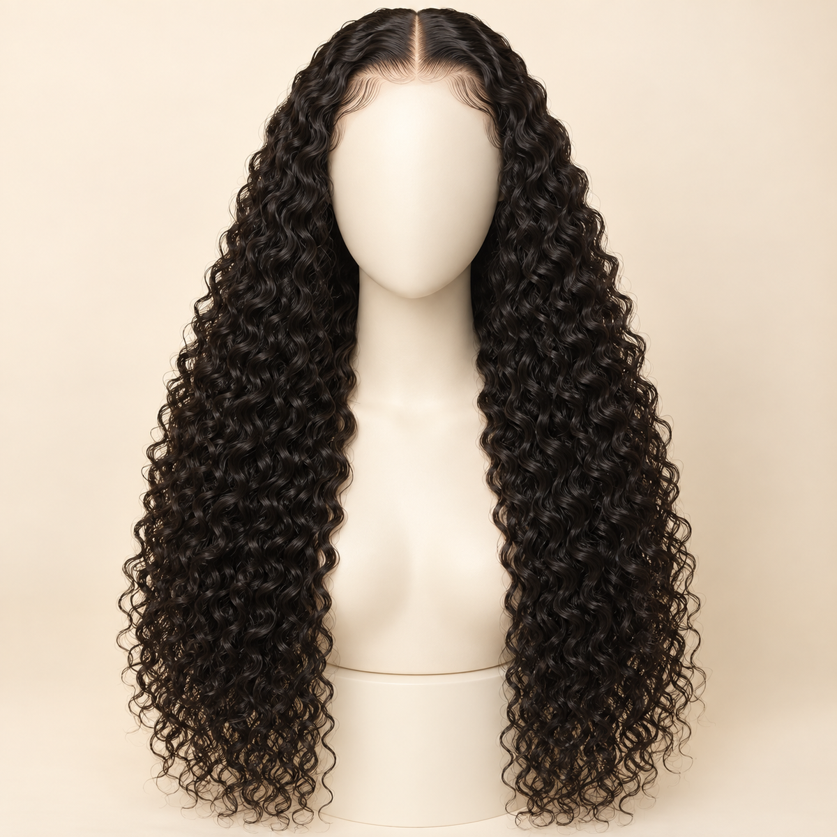 Deep Curly Lace Front Human Hair Wig, natural black 13x4, 30 inch mannequin front view, AI-generated visualization