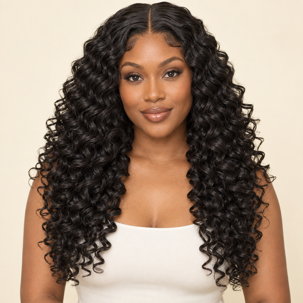 Deep Curly Lace Front Synthetic Wig, black 18 inch, human model front view, AI-generated visualization