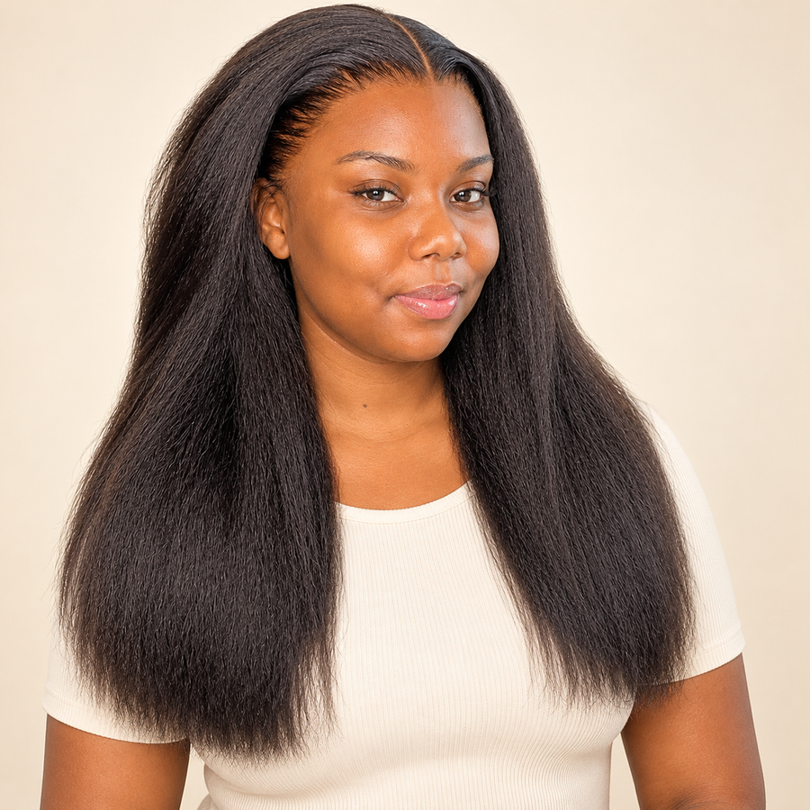 Black human-hair wig 14 inch, AI-generated visualization on a dark-skinned Black woman, front view.