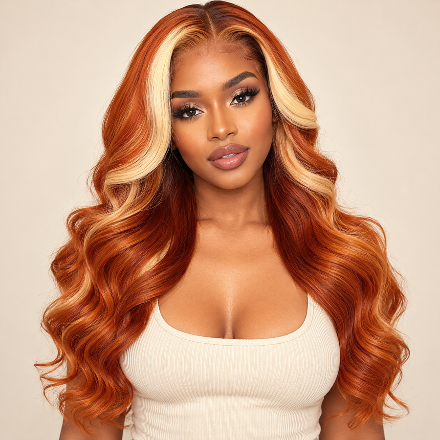 350 Copper Highlight Body Wave Lace Front Wig, front view on a dark-skinned Black woman, copper body waves with blonde face-framing streaks, AI-generated visualization.