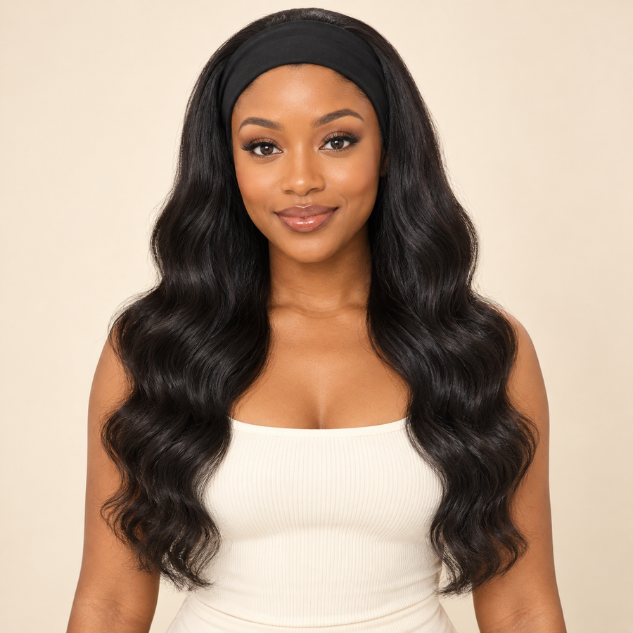 Body Wave Headband Wig, black, 18 inch, dark-skinned Black woman front view, AI-generated visualization