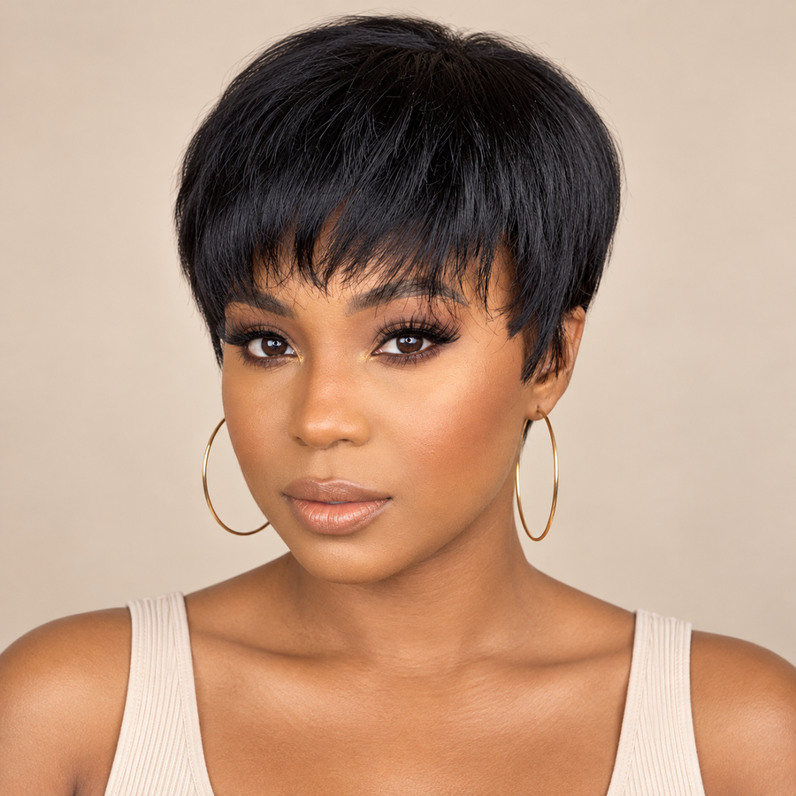 Short Pixie Cut Human Hair Wig with Bangs, Black variant, Black woman front view, AI-generated visualization.