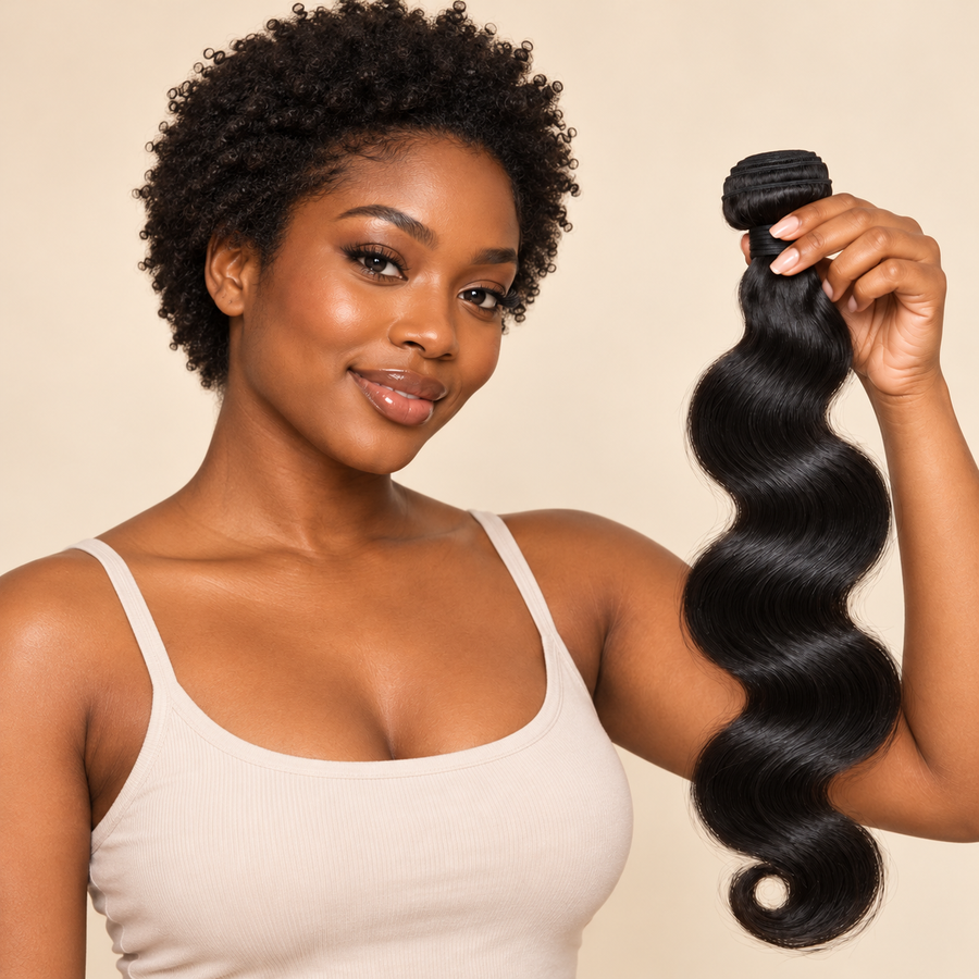 Peruvian body wave human hair bundle, adult Black woman with natural hair holding one loose 18-inch bundle, primary view; no wig included, AI-generated visualization