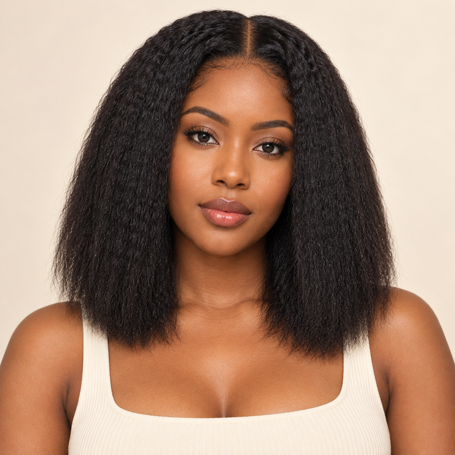 Straight U-part human-hair wig, natural black, 8 inches, dark-skinned Black woman front view, AI-generated visualization