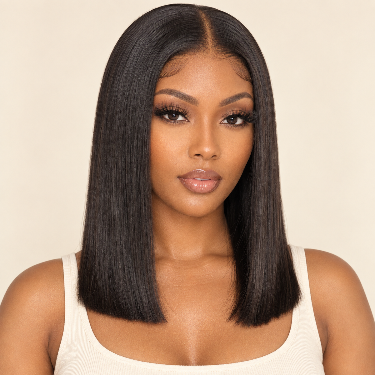 Double Drawn Bone Straight Human Hair Wig – 16-inch natural black – human model front primary – AI-generated visualization