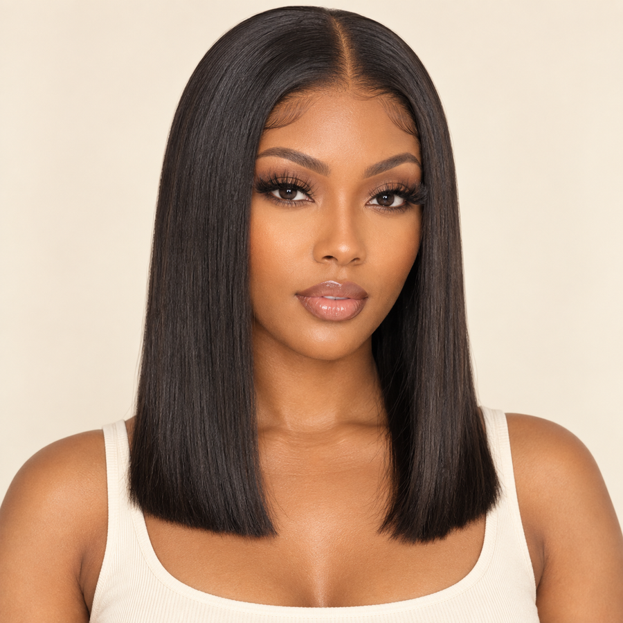 Double Drawn Bone Straight Human Hair Wig – 16-inch natural black – human model front primary – AI-generated visualization