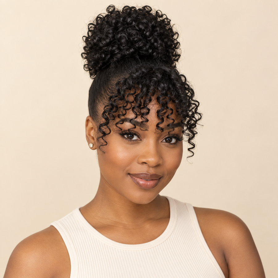 Black Curly Bun Puff with Fringe – human model front primary – AI-generated visualization