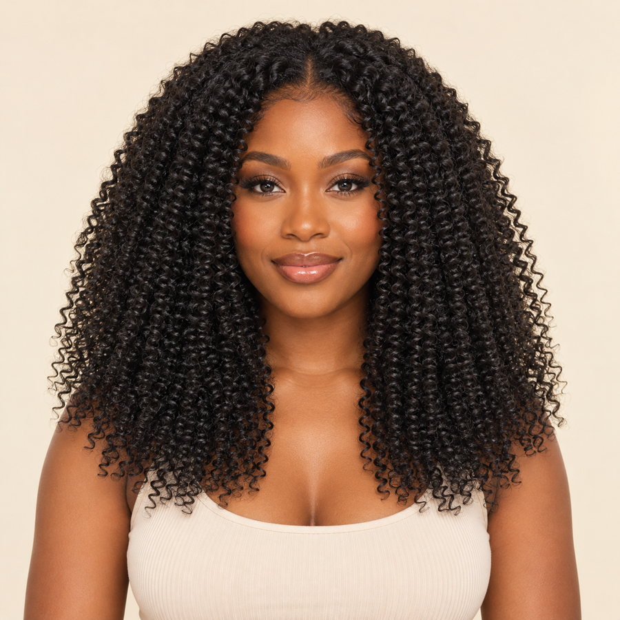 Body Wave Human Hair Wig, 16-inch selected variant, front view on a Black adult model, AI-generated visualization.