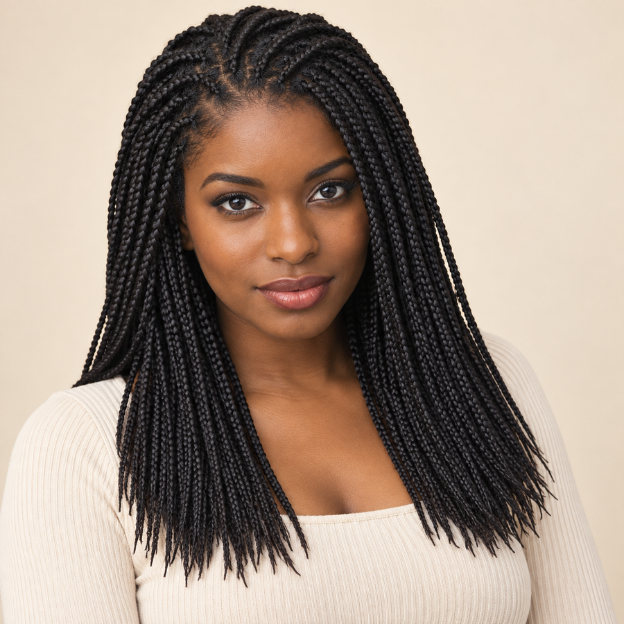 AI-generated visualization of Senegal box braids in natural black (1B), shown on a Black woman from the front, 14 inch styling reference