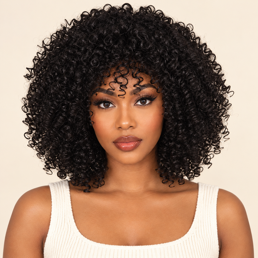 AI-generated visualization of the short natural-black afro-curly synthetic wig with curly bangs, worn by a dark-skinned Black woman, front view