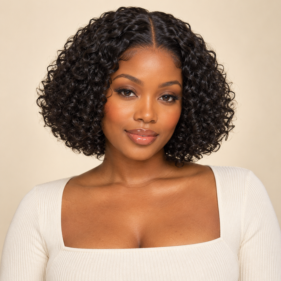 Short Curly Bob Lace Front Human Hair Wig, natural black, 8 inch 13x4, front view on a dark-skinned Black woman; AI-generated visualization.