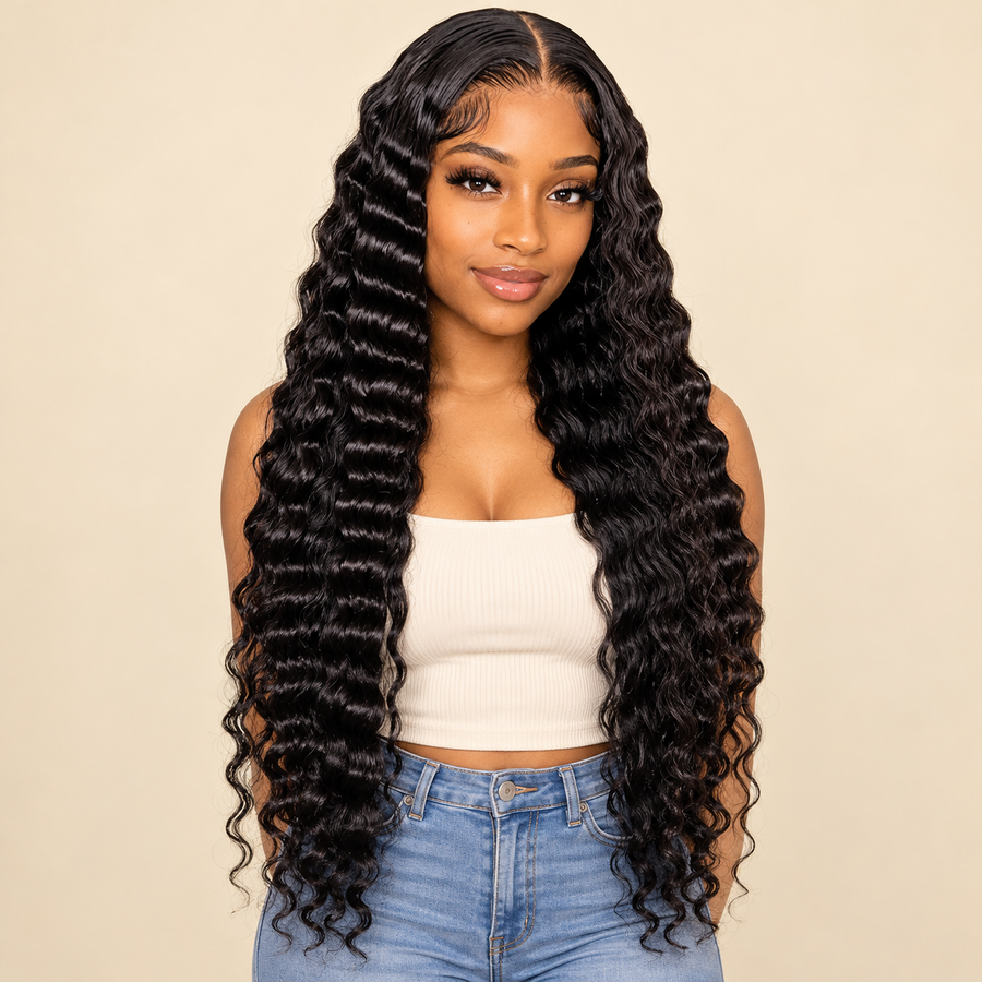 Deep Wave 13x4 lace-front human hair wig, natural black, 24 inch, front view on a dark-skinned Black woman; AI-generated visualization.