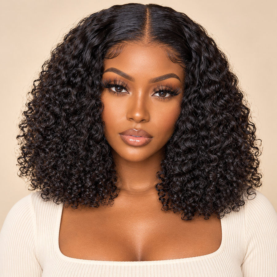 Jerry Curly Short Bob Human Hair Lace Wig, 12 inch, 180% density, front view on a Black woman; AI-generated visualization.