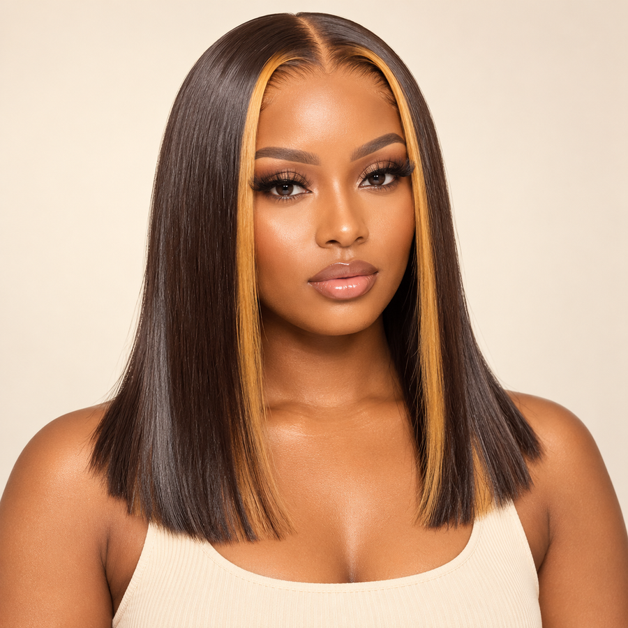 Straight Highlight Ombre 5x5 Lace Closure Human Hair Wig, 12 inch, brown with honey face-framing highlights, front view on a dark-skinned Black woman; AI-generated visualization.