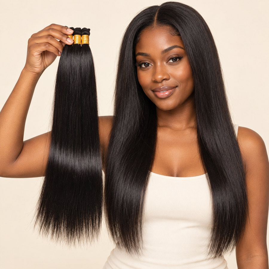 Natural-color straight human hair extension held beside the natural hair of a dark-skinned Black woman; AI-generated visualization