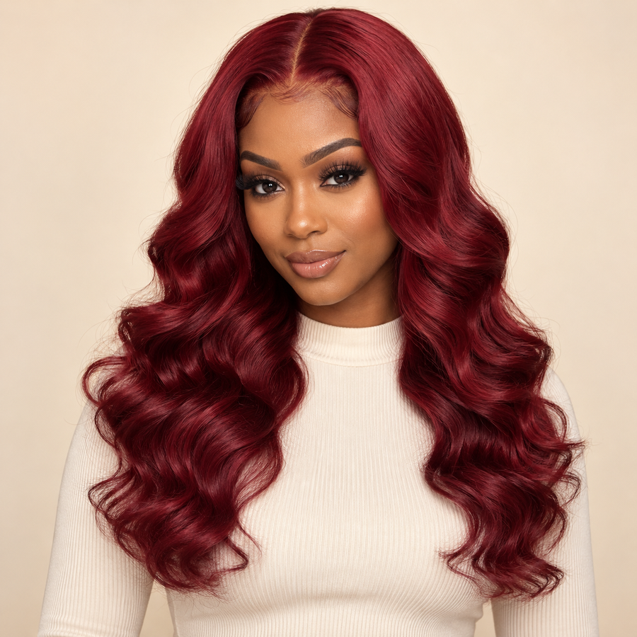 Body Wave Lace Front Human Hair Wig — Body wave210 / 18inch; front view on a dark-skinned Black woman; AI-generated visualization.