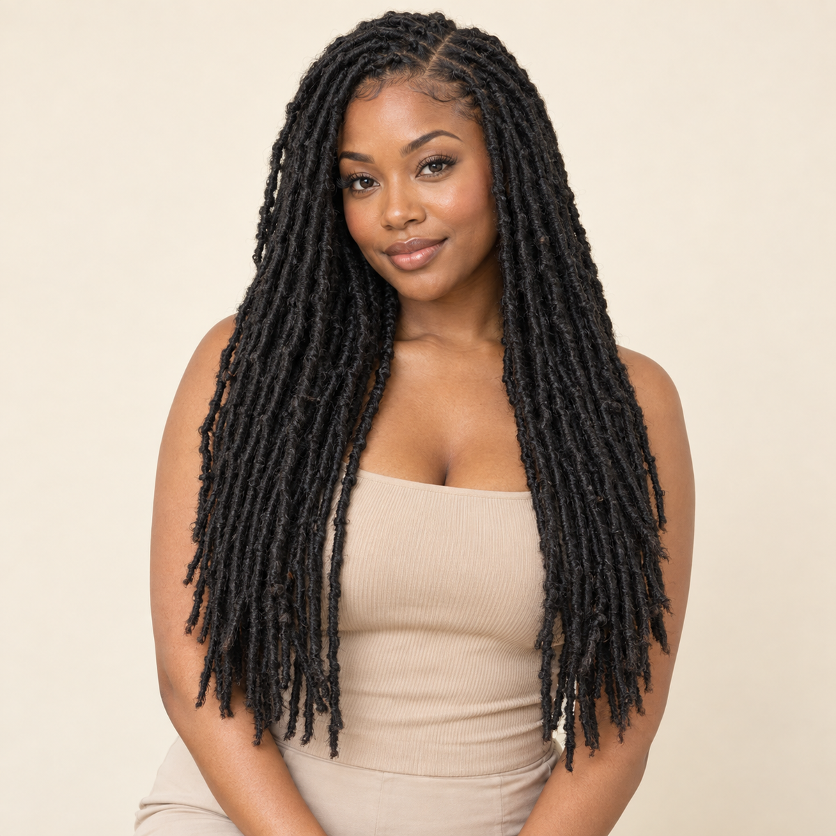 Distressed Nu Faux Locs Crochet Hair – 1B 24-inch human model primary – AI-generated visualization