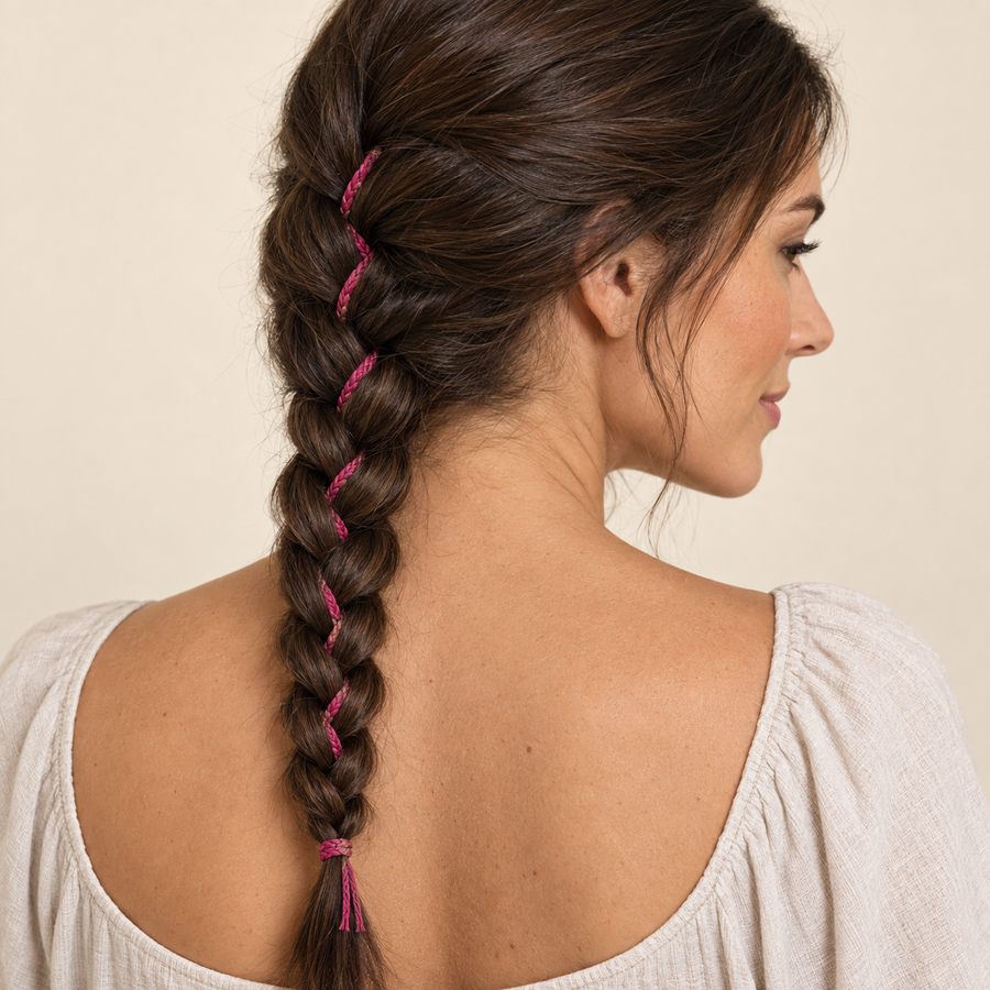 Dark Pink decorative braided hair cord — adult model use view — AI-generated visualization