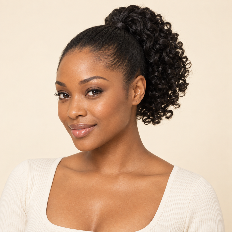 Short Curly Claw-Clip Ponytail — Natural Black 2#, installed front view, AI-generated visualization