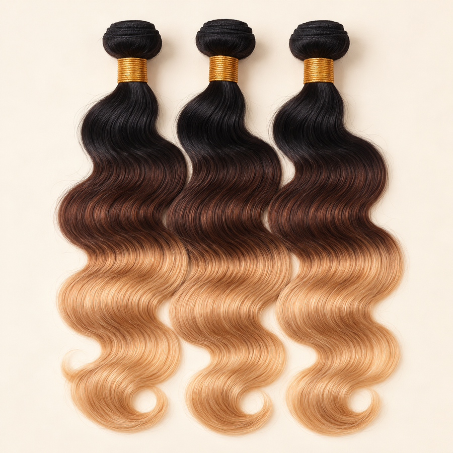 AI-generated visualization of three 22-inch 1B/4/27 human-hair body-wave bundles; loose bundles, not a wig.