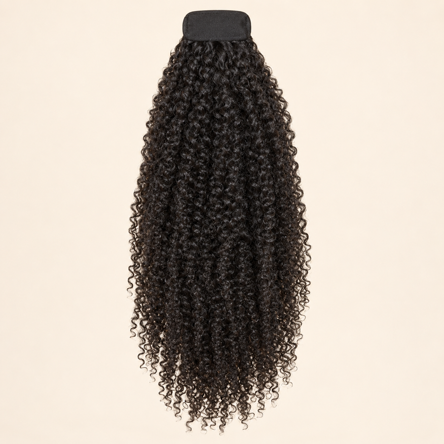 Kinky Curly Human Hair Ponytail, natural black, drawstring attachment front view, AI-generated visualization