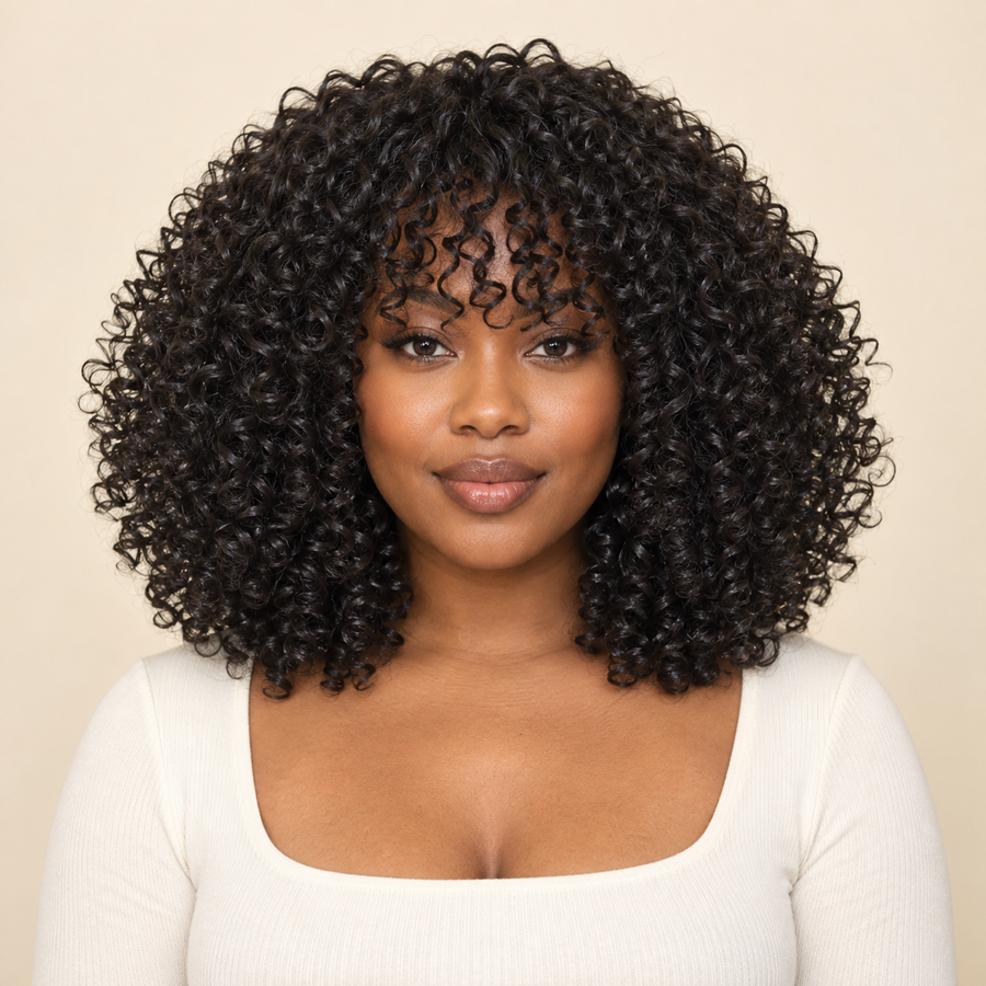 Fluffy Short Curly Synthetic Wig with Long Bangs – Black, human model front view, AI-generated visualization