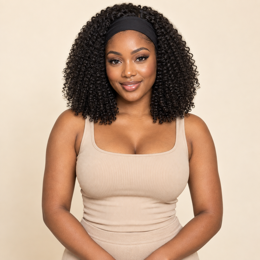 Kinky Curly Headband Human Hair Wig – 16 Inch, natural black, front view, AI-generated visualization