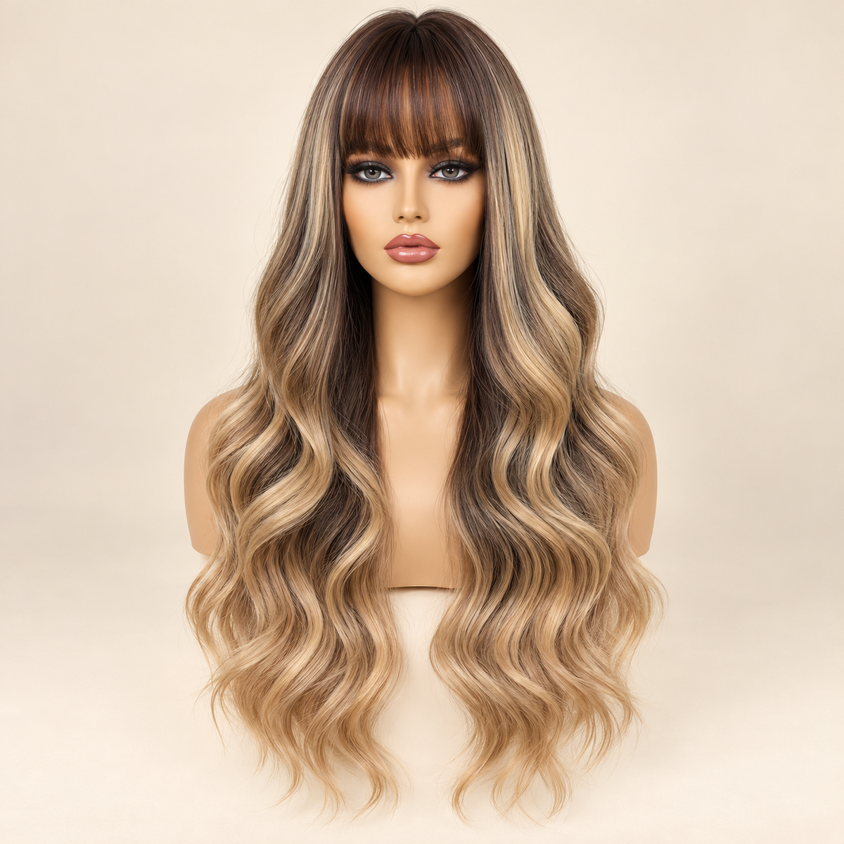 Long Wavy Synthetic Wig with Bangs, Style A taupe and beige-blonde ombre, matte ivory mannequin primary, AI-generated visualization.