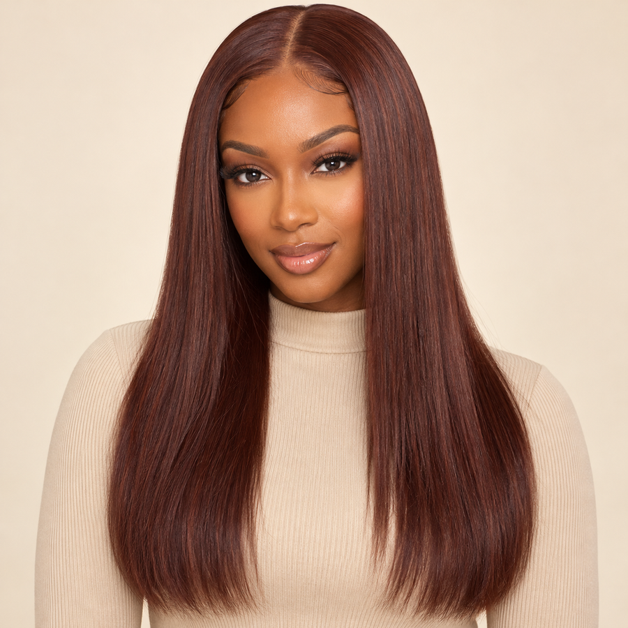 Straight 13x4 HD lace human-hair wig, shade 33 dark auburn, dark-skinned Black woman, front view, 16 inch, AI-generated visualization