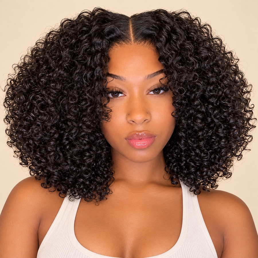 Jerry Curl 4x4 lace closure bob human hair wig, 1B natural black 8-inch, front view on a dark-skinned Black woman, AI-generated visualization