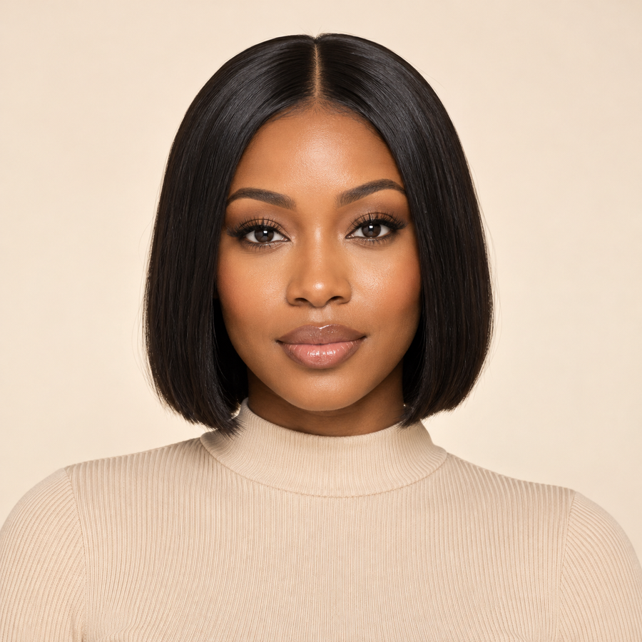 Human Hair Wig, Natural Black (1B), 8 inch, front view on model; AI-generated visualization.