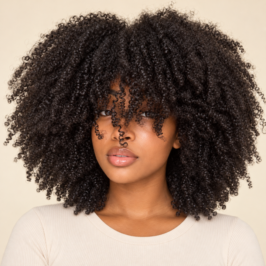 Afro Kinky Curly Glueless Human Hair Wig with Bangs, 8 inch, Black woman front view, AI-generated visualization