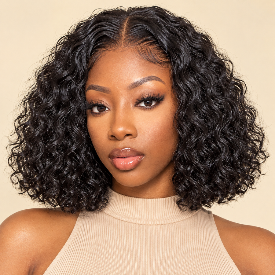 Water Wave 4x4 Lace Glueless Human Hair Wig, 8 inch, front model view, natural black; AI-generated visualization.