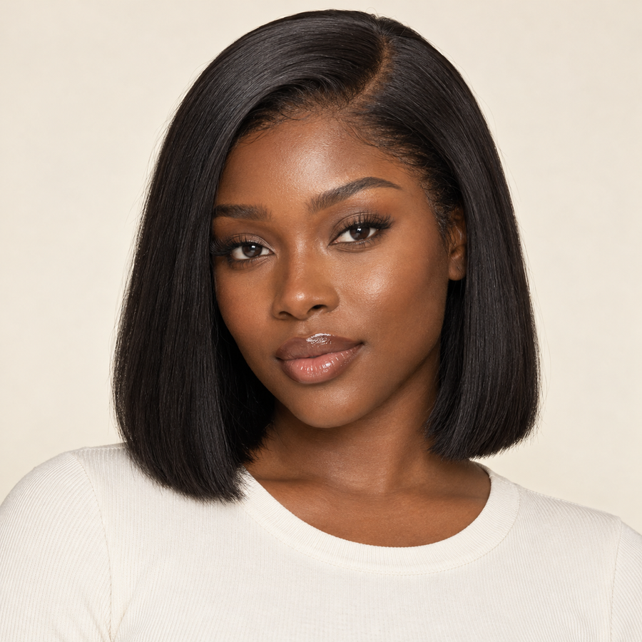 13x4 lace-front human hair wig, natural black, 8 inch, 150% density, Black woman front view, AI-generated visualization